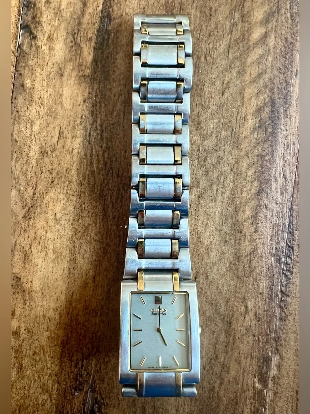 Men’s Citizen Eco-Drive Two Tone Silver Gold Rectangular Stainless Steel Watch